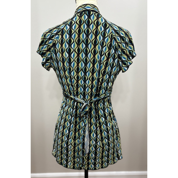 Vintage y2k Babydoll Top Small Black Green Geometric Tie Back V Neck Lettice Hem - Picture 3 of 10